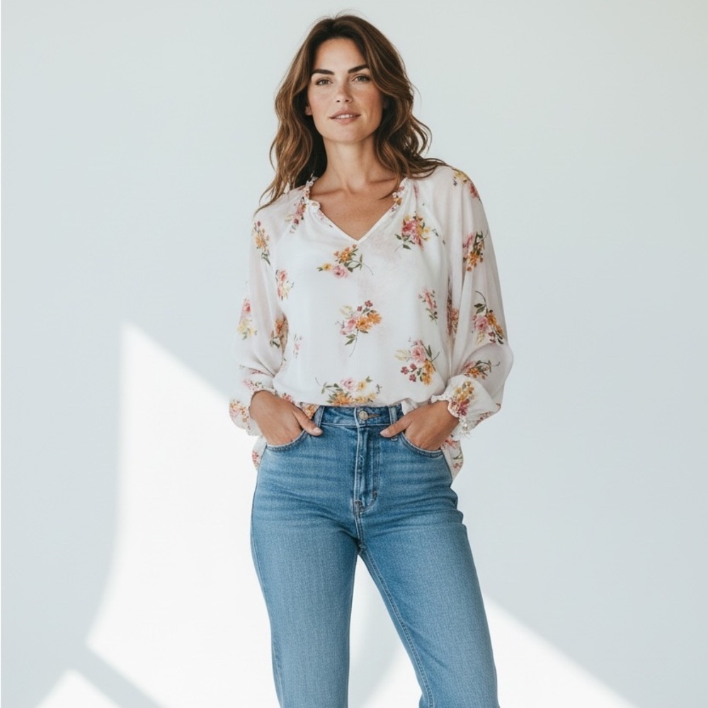 Old Navy White Floral V-Neck Peasant Blouse